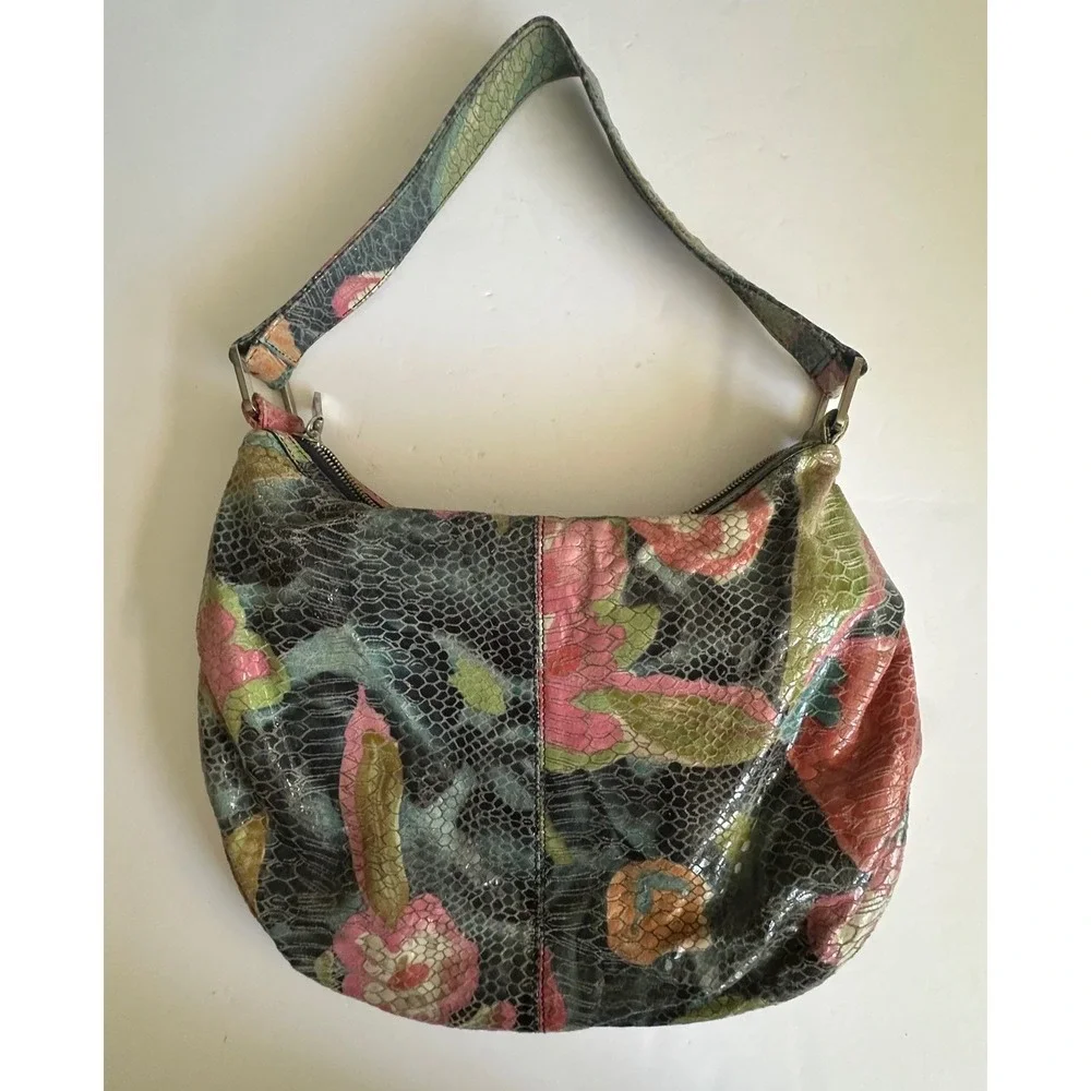 Y2K Hobo International Snakeskin Embossed Floral Leather Shoulder Bag Multi